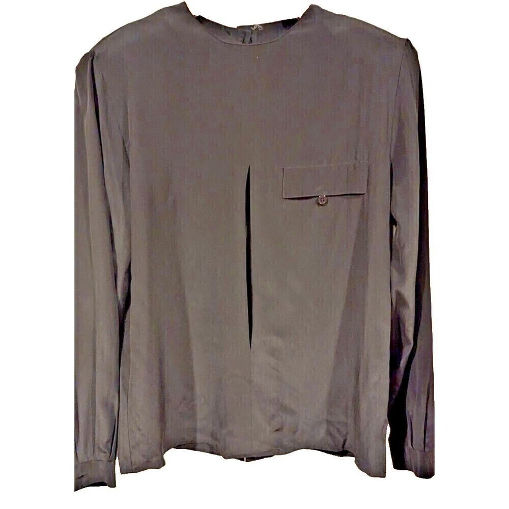 Angela Tang Black 100 Silk‎ 3/4 Sleeve Button Back Blouse Top Size M